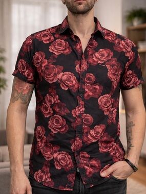 Topman Black Shirt with Red and Pink Floral Print